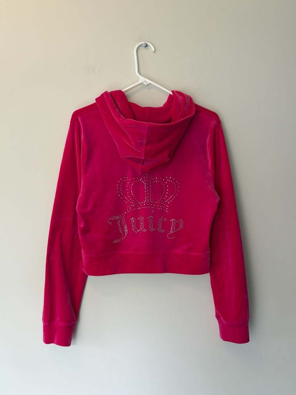 Juicy Couture Pink Velour Rhinestone Crown Cropped Hoodie Size L